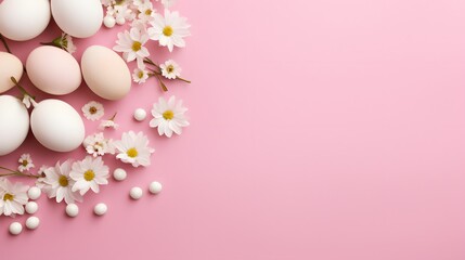 Easter holiday composition. Top view photo of pastel Easter eggs and white flowers on pink table.
