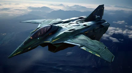 Foto op Plexiglas futuristic air space fighter jet, military fiction aircraft taking combat, fantastic army jet © goami