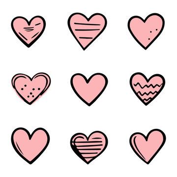 Pastel doodle hearts, hand drawn love heart collection isolated on white background. Vector illustration for any design.
