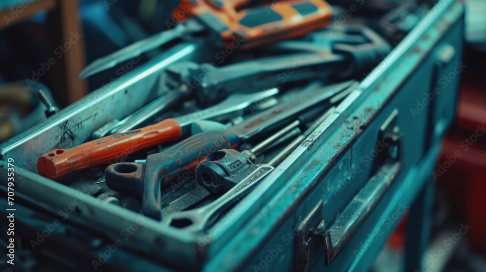 Poster A collection of various tools neatly arranged and stored in a box. Ideal for DIY projects or professional use