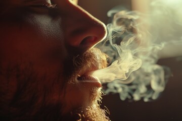 A close up view of a person smoking a cigarette. This image can be used to depict smoking habits or addiction