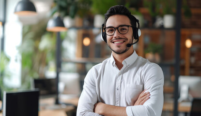 Portrait, call center and man consulting with headphones for customer service, help or telemarketing. Happy, confident and consultant agent talking with headset for support, sales or online advice - obrazy, fototapety, plakaty