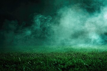 A baseball field with smoke billowing out, creating a dramatic scene. Perfect for sports or action-themed projects - obrazy, fototapety, plakaty