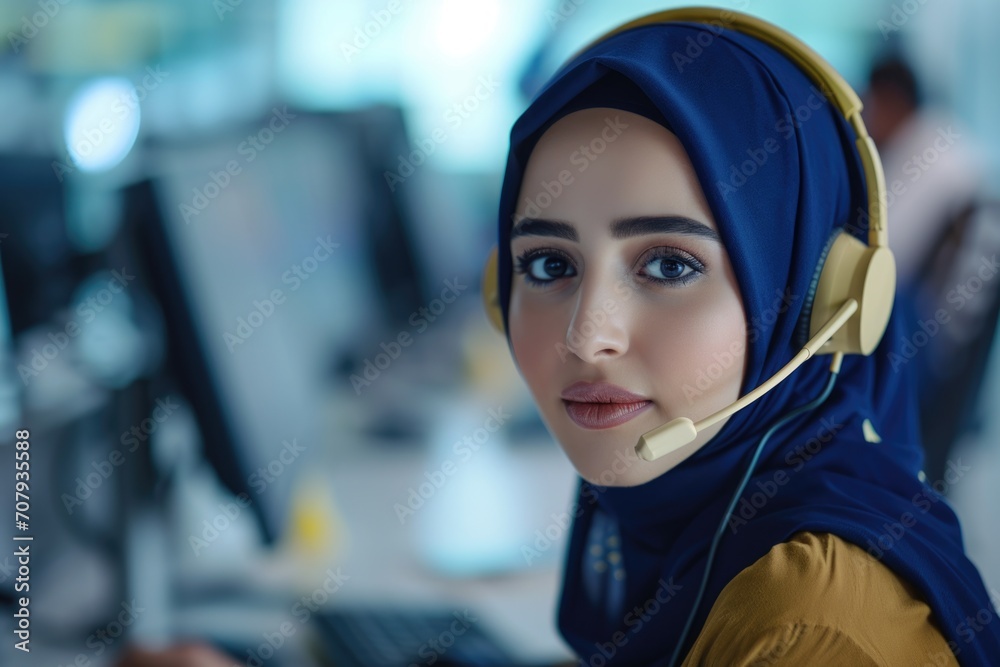 Poster a woman wearing a headset sits in front of a computer. suitable for use in call centers, customer se