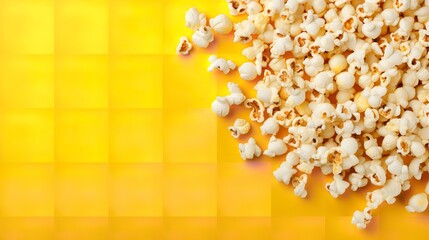 A yellow backdrop with open spaces and a scattering of popcorns, top view, Generative AI.