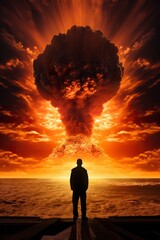 people looking at mushroom of nuclear explosion, atomic war and apocalypse concept, world in flame