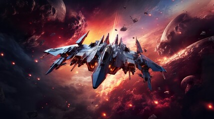 futuristic air space fighter jet, military fiction aircraft taking combat, fantastic army jet