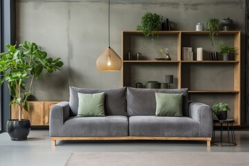 Scandinavian Greenery. Modern Living Room with Green Sofa, Chair, and Bookshelf Against Wall