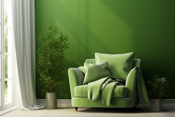 Modern Green Sofa and Chair in Scandinavian Living Room with Bookshelf and Greenery