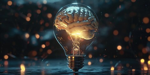 A light bulb with a brain inside, representing intelligence and creativity. Can be used to depict ideas, innovation, and bright thinking. - obrazy, fototapety, plakaty