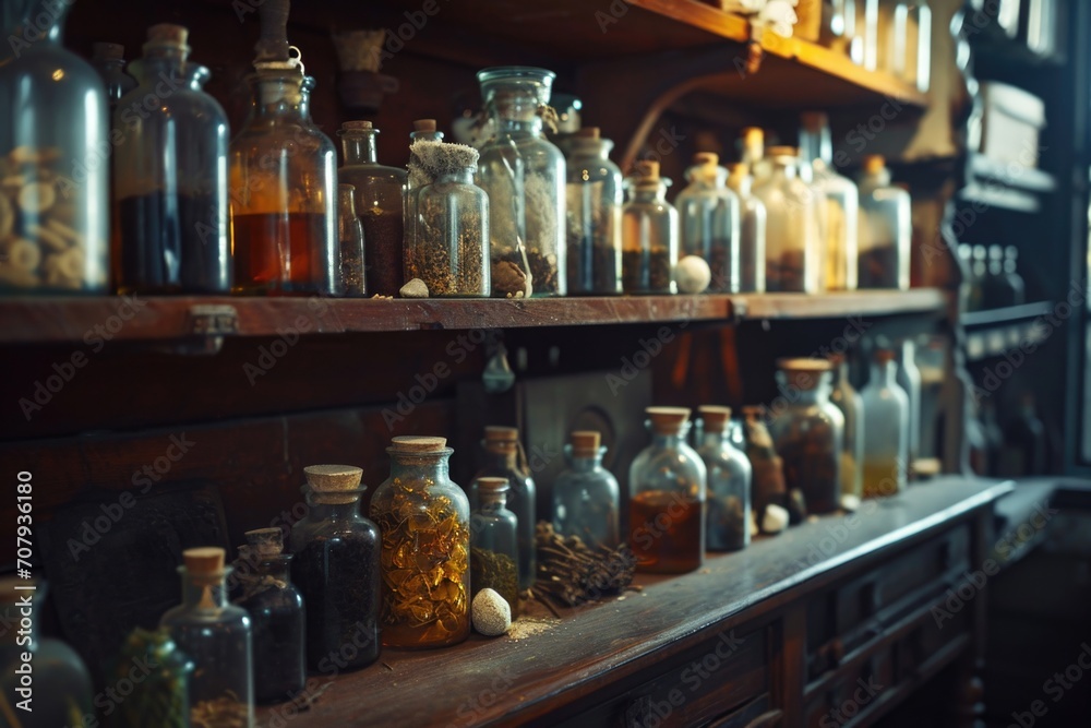 Poster An organized display of various bottles and jars on a shelf. Perfect for showcasing a collection or for use in a kitchen or laboratory setting