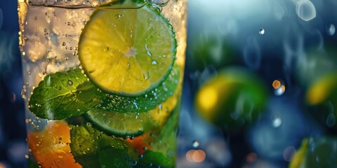 A glass of water filled with slices of lime, oranges, and fresh mint leaves. Perfect for a refreshing drink on a hot summer day or as a healthy detox beverage. - obrazy, fototapety, plakaty