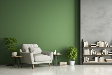 Scandinavian Living Room. Green Sofa, Chair, and Book Shelf in a Modern Greenery-Filled Interior