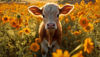Cute cow grazes on meadow, surrounded by yellow flowers generated by AI