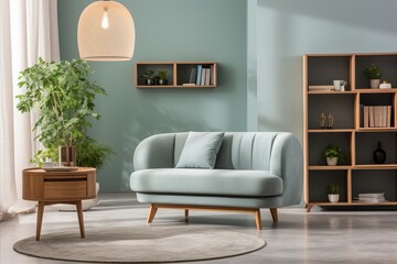 Green Sofa and Chair Against Green Wall. Scandinavian Home Interior with Book Shelf and Greenery