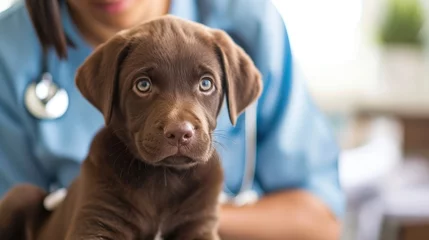 Foto op Aluminium Photo of a brown Labrador Retriever puppy being examined by a veterinarian at a veterinary clinic © Olga
