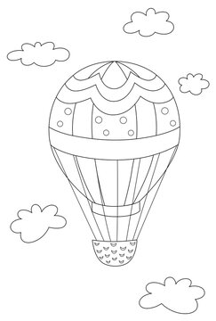 Outline hot air balloon in the sky with clouds