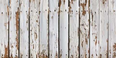 A detailed view of a wooden fence with peeling paint. This image can be used to depict weathered surfaces or as a background texture for various design projects