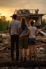 back view of refugee family looking at destroyed home after war, desperate people near demolished house after natural disaster - obrazy, fototapety, plakaty