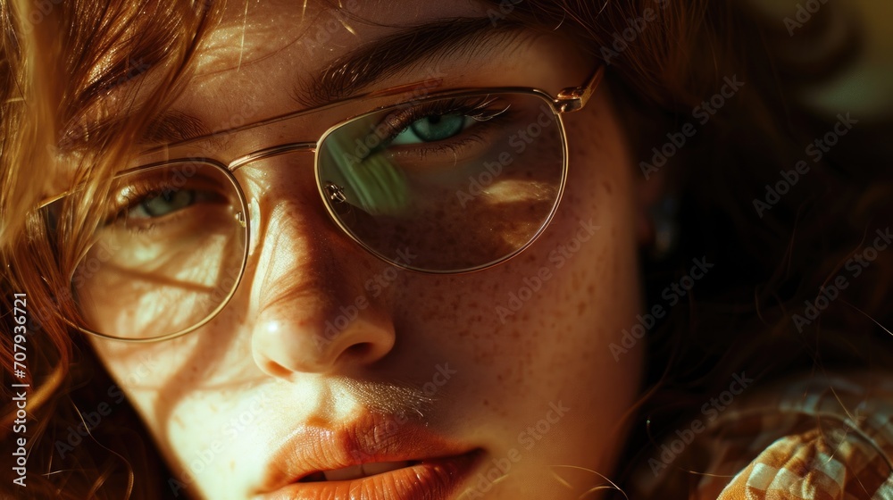 Poster A close-up image of a person wearing glasses. This versatile picture can be used in various contexts