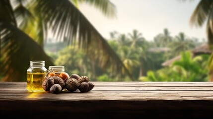 An antique wooden table featuring oil palm fruits and a palm plantation in the distance, space, Generative AI. - obrazy, fototapety, plakaty