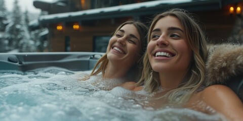 Two women enjoying a relaxing time in a hot tub. Perfect for promoting self-care and wellness activities