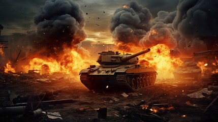 heavy modern armored tank fire at battlefield, war and battle concept - obrazy, fototapety, plakaty