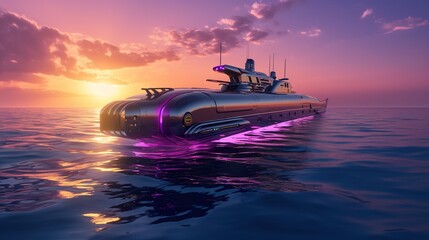 modern submarine at open sea water, army nautical vessel over ocean ,in style of purple cyberpunk