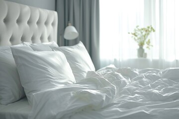 An unmade bed with white sheets and pillows. Suitable for interior design or home decor themes