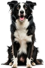 A black and white dog sitting on a white surface. Can be used to depict loyalty, companionship, or pet ownership
