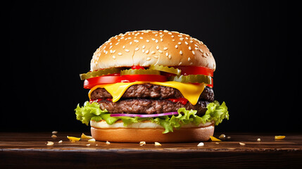 Savor the Flavor: Irresistible Burger Delight with Melted Cheese and Succulent Beef on a Clean Black Background.