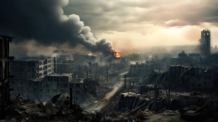 Fototapeta premium destroyed city after battle at war, demolished cityscape