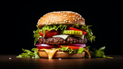 Savor the Flavor: Irresistible Burger Delight with Melted Cheese and Succulent Beef on a Clean Black Background.