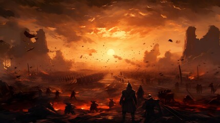 ancient battlefield with soldiers fighting, historical battle - obrazy, fototapety, plakaty