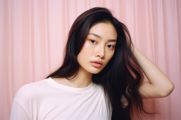Fototapeta premium Portrait of beautiful asian woman with long hair on pink background