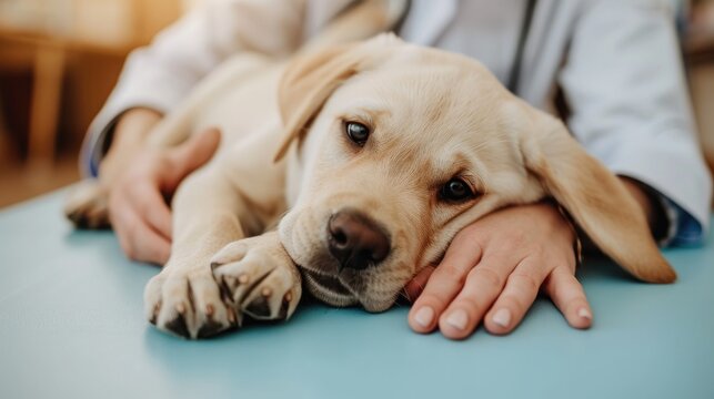 A photo of a fawn Labrador Retriever puppy being examined by a veterinarian at a veterinary clinic