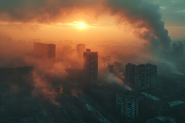 top view of a big smoky city . Industrial and industrial zone of the city . ecology concept