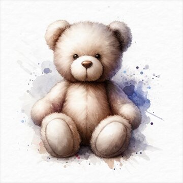 A teddy bear with a watercolor texture sits, its gaze warm and inviting, evoking a sense of comfort and nostalgia.