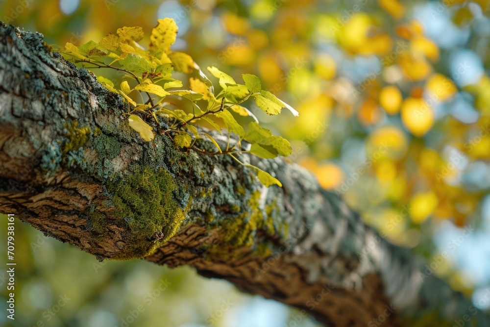 Poster a detailed view of a tree branch covered in lush green leaves. perfect for nature enthusiasts and th