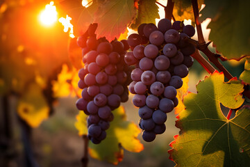 Close up of red grapes growing in vineyard with sunset sunlight