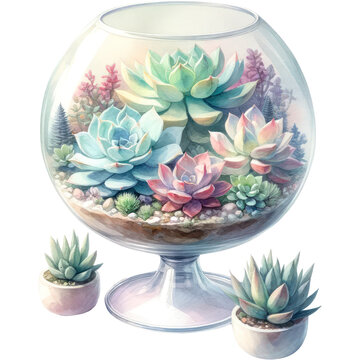 Succulent and Cactus, A watercolor painting of succulent plants in a glass terrarium with tiny figurines, rendered in pastel colors, PNG Clipart Transparent Background