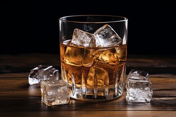 Whiskey glass with ice cubes and golden beverage, perfect for a refined drink,