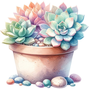 Succulent and Cactus, A watercolor painting of succulent plants in a terracotta pot with pebbles, rendered in pastel colors, PNG Clipart Transparent Background