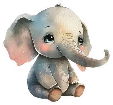 Illustration of a cute cartoon watercolor elephant. Tropical animals. Ai generated. Transparent background, png