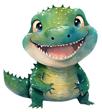Illustration of a cute cartoon watercolor crocodile. Tropical animals. Ai generated. Transparent background, png
