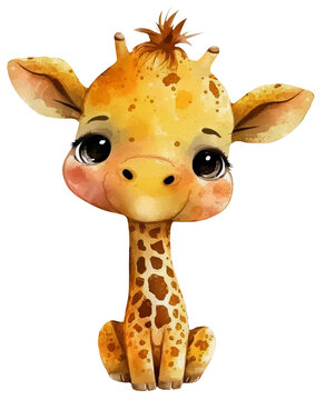 Illustration of a cute cartoon watercolor giraffe. Tropical animals. Ai generated. Transparent background, png