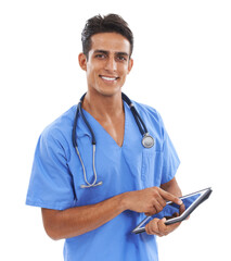 Doctor, man and tablet in studio portrait for smile, typing or app for medical results by white...