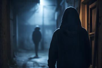 Man in hood following person in dark alley at night. Concept for crime, robbery and assault - obrazy, fototapety, plakaty