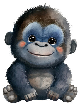 Illustration of a cute cartoon watercolor gorilla monkey. Tropical animals. Ai generated. Transparent background, png