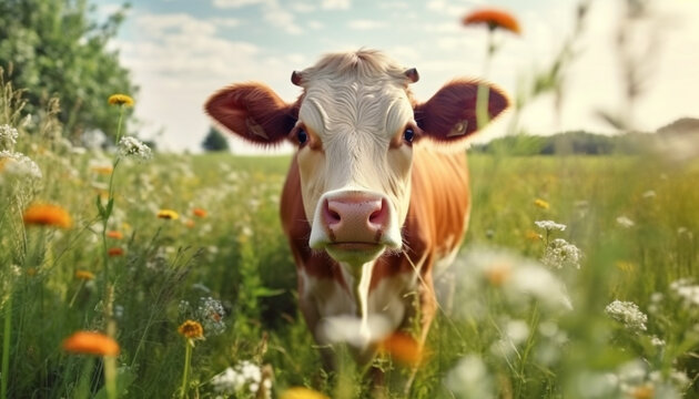 Cow grazing in a green meadow, surrounded by flowers and nature generated by AI